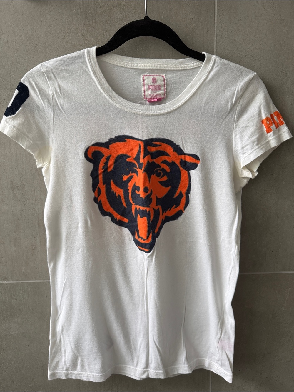 PINK Victoria's Secret White Tee with Orange & Black Bear Graphic